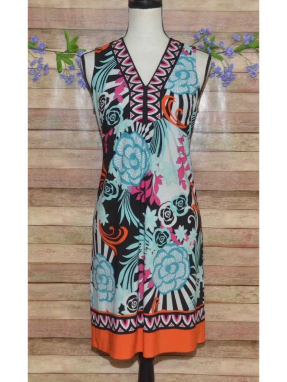 MSK Petite Medium PM Colorful Floral Shift Dress Knee Length Sleeveless V-Neck